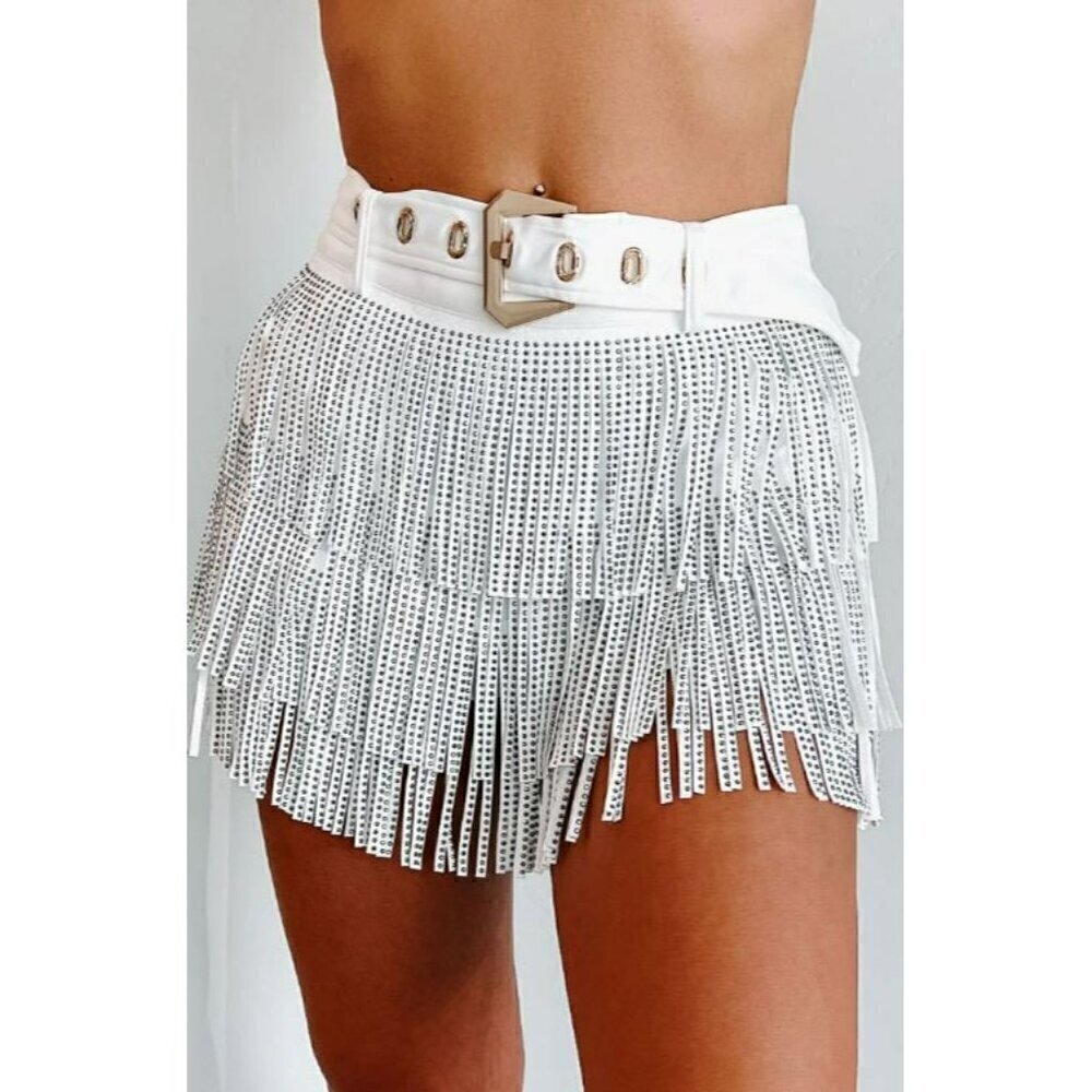 Born To Shine Belted Rhinestone Fringe Shorts in White - Picture 7 of 10